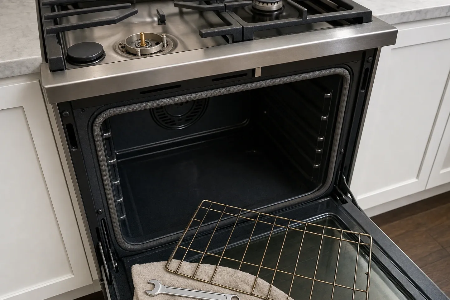 An oven cavity open at close range, the woven door gasket running round the whole opening and the round fan cover on the rear wall, with a rack resting on the open door